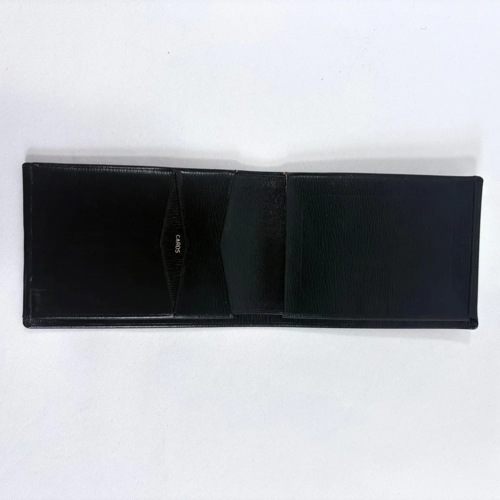 Bifold Wallet Black Cowhide Leather Red Striped Lining Slim Card Holder‎
